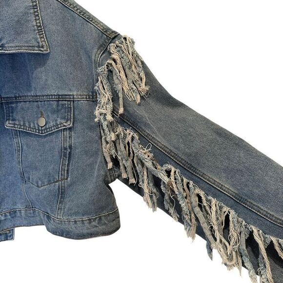 Shein Curve Fringe Sleeve Denim Jacket Blue Size 2XL - Picture 3 of 4